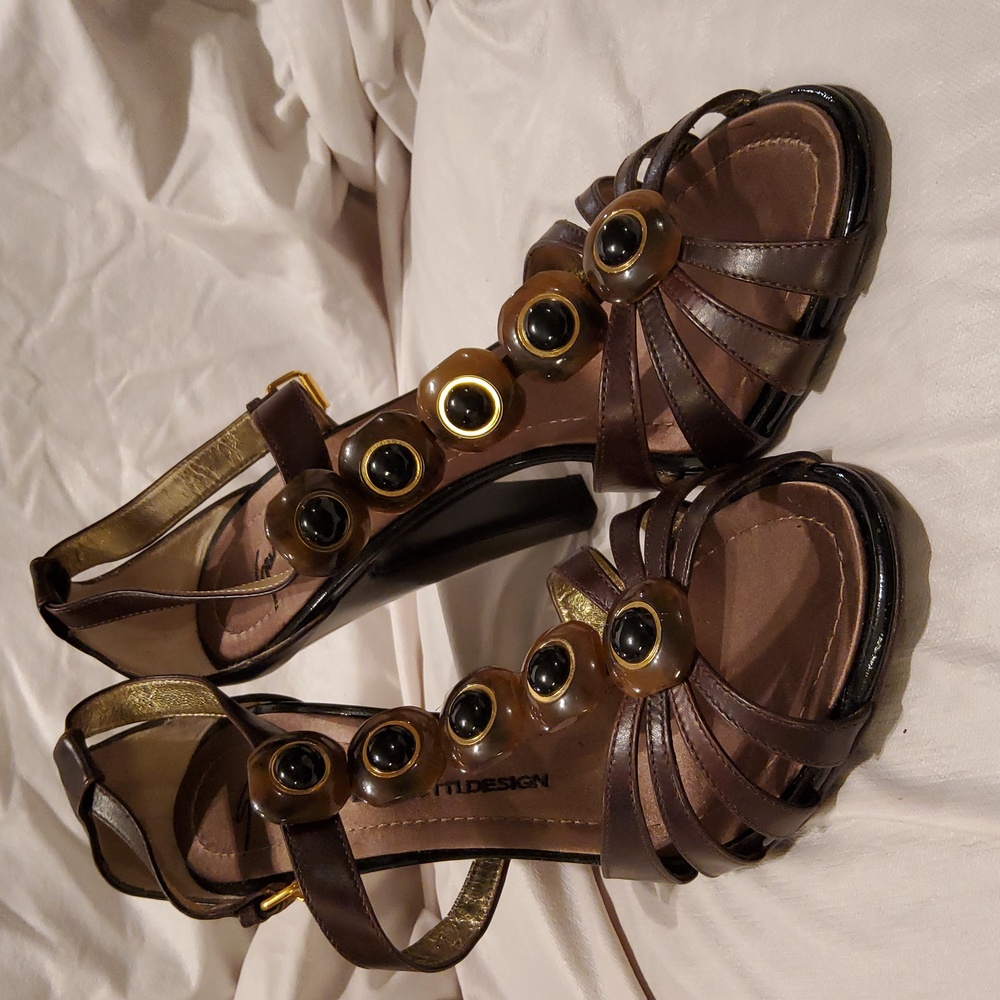 Brown sandal heels with black embellished strap